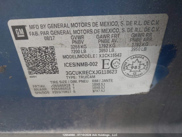 12654866 :رقم المزاد ، 3GCUKRECXJG118623 vin ، 2018 Chevrolet Silverado K1500 Lt مزاد بيع
