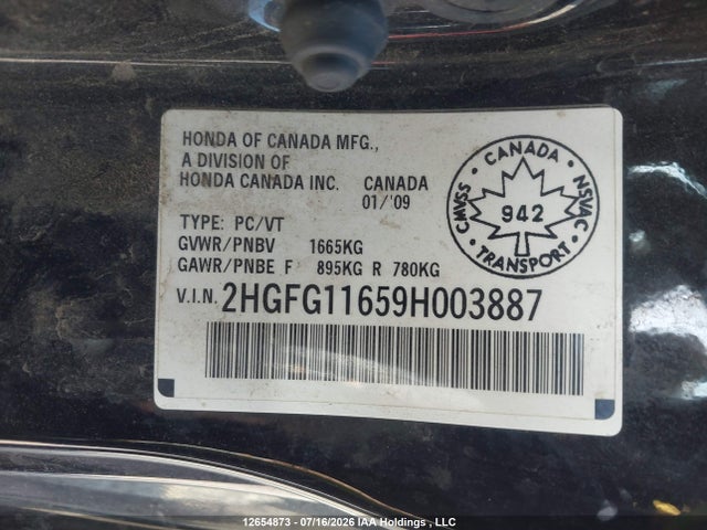 Aukcja sprzedaży 2009 Honda Civic Lx Sr, vin: 2HGFG11659H003887, numer aukcji: 12654873
