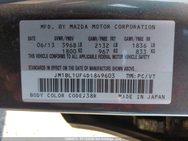 12654874 :رقم المزاد ، JM1BL1UF4D1849603 vin ، 2013 Mazda 3 I مزاد بيع