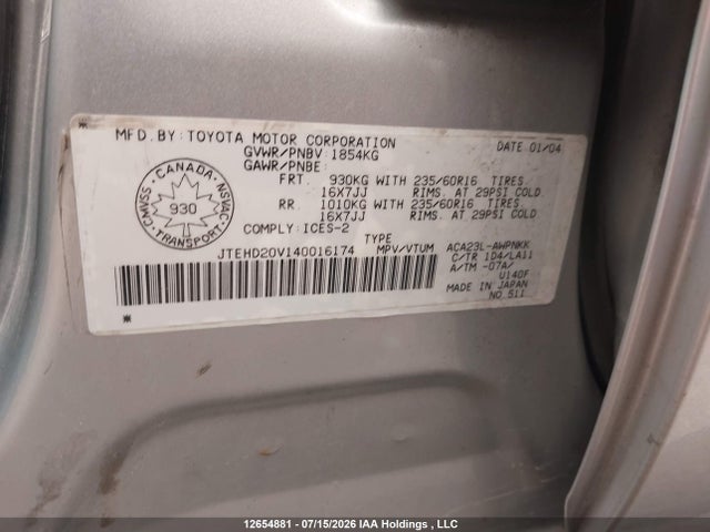 2004 Toyota Rav4 მანქანა იყიდება აუქციონზე, vin: JTEHD20V140016174, აუქციონის ნომერი: 12654881