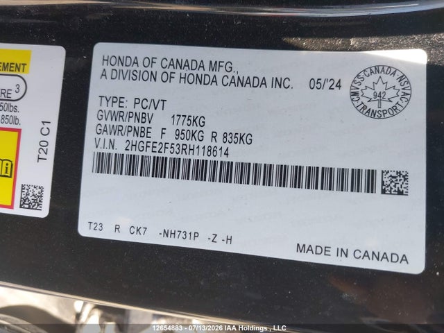 2024 Honda Civic მანქანა იყიდება აუქციონზე, vin: 2HGFE2F53RH118614, აუქციონის ნომერი: 12654883