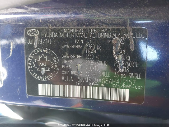 2010 Hyundai Santa Fe Gl 3.5 Sport მანქანა იყიდება აუქციონზე, vin: 5NMSGDAG8AH412157, აუქციონის ნომერი: 12654884