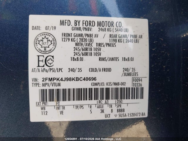 2019 Ford Edge Sel მანქანა იყიდება აუქციონზე, vin: 2FMPK4J98KBC40696, აუქციონის ნომერი: 12654891
