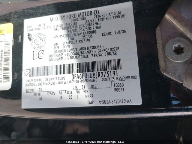Продаж на аукціоні авто 2018 Ford Fusion, vin: 3FA6P0LU8JR275191, номер лоту: 12654894