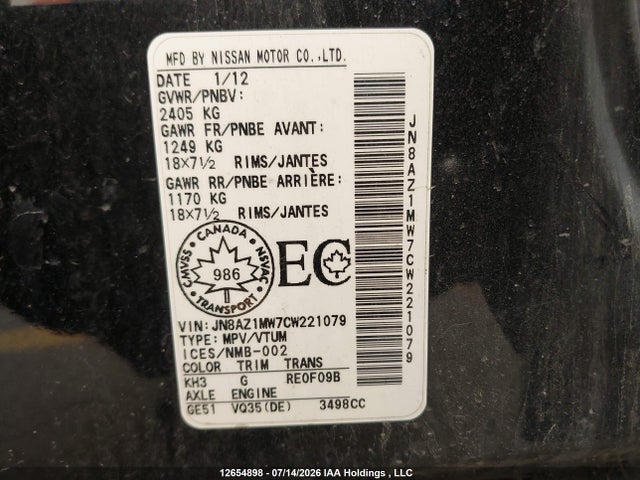 Aukcja sprzedaży 2012 Nissan Murano S/sl/le, vin: JN8AZ1MW7CW221079, numer aukcji: 12654898