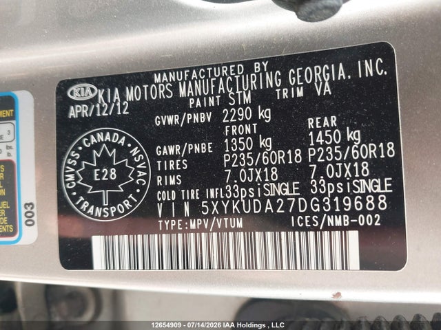 Aukcja sprzedaży 2013 Kia Sorento Ex Luxury V6/ex V6, vin: 5XYKUDA27DG319688, numer aukcji: 12654909