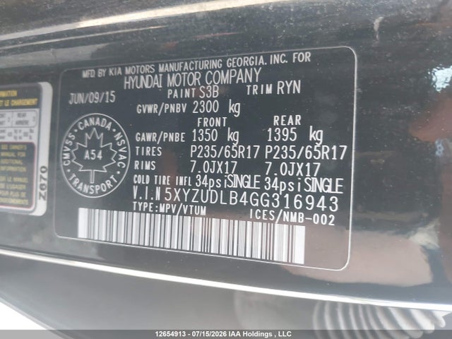 2016 Hyundai Santa Fe Sport 2.4 Premium მანქანა იყიდება აუქციონზე, vin: 5XYZUDLB4GG316943, აუქციონის ნომერი: 12654913