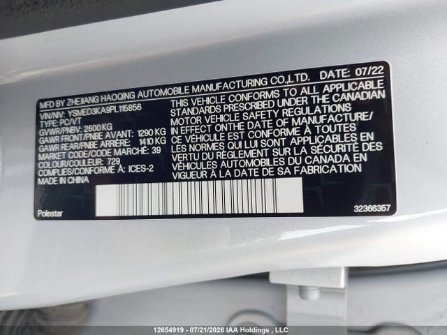 Aukcja sprzedaży 2023 Polestar 2 Long Range Dual Motor/long Range Dual Motor Plus, vin: YSMED3KA9PL115856, numer aukcji: 12654919