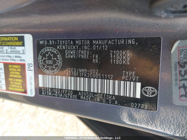 Продаж на аукціоні авто 2012 Toyota Camry Se, vin: 4T1BF1FK2CU051112, номер лоту: 12654924