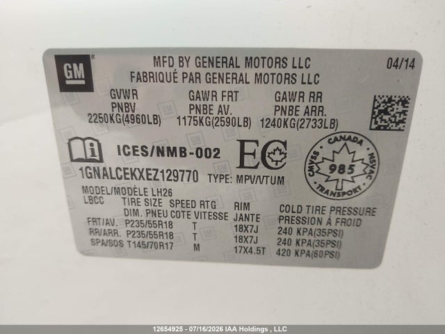 1GNALCEKXEZ129770 Chevrolet EQUINOX LT