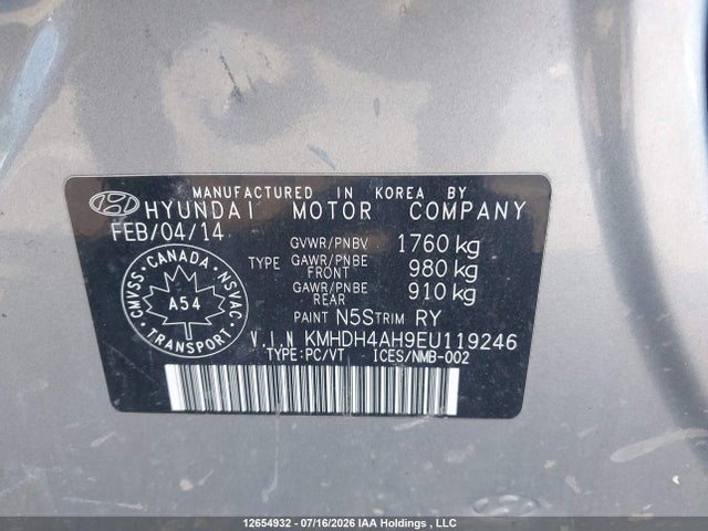 12654932 :رقم المزاد ، KMHDH4AH9EU119246 vin ، 2014 Hyundai Elantra Limited مزاد بيع