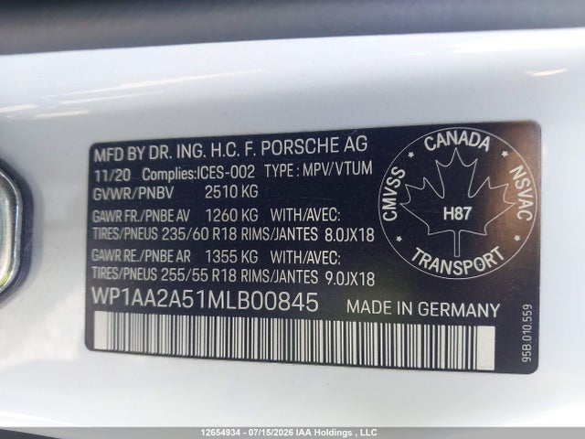 12654934 :رقم المزاد ، WP1AA2A51MLB00845 vin ، 2021 Porsche Macan مزاد بيع