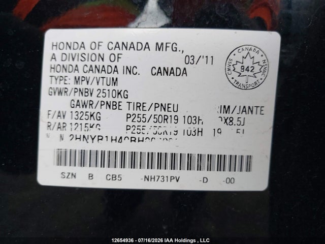 Aukcja sprzedaży 2011 Acura Zdx Technology, vin: 2HNYB1H40BH000082, numer aukcji: 12654936