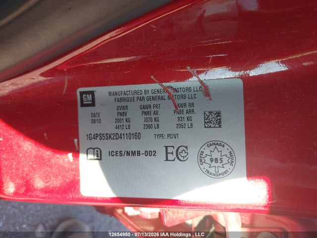 12654950 :رقم المزاد ، 1G4PS5SK2D4110160 vin ، 2013 Buick Verano مزاد بيع