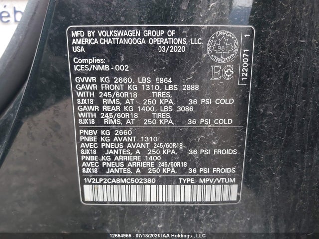 2021 Volkswagen Atlas 2.0 Tsi Comfortline მანქანა იყიდება აუქციონზე, vin: 1V2LP2CA8MC502380, აუქციონის ნომერი: 12654955