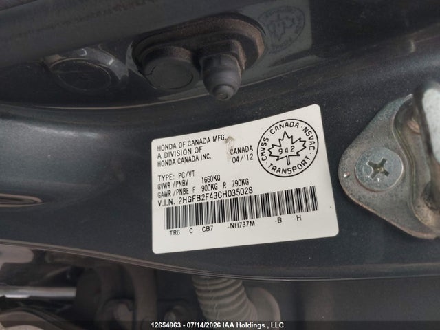 2012 Honda Civic Lx მანქანა იყიდება აუქციონზე, vin: 2HGFB2F43CH035028, აუქციონის ნომერი: 12654963