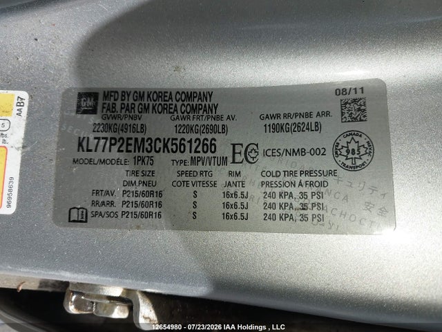 12654980 :رقم المزاد ، KL77P2EM3CK561266 vin ، 2012 Chevrolet Orlando 1lt/2lt مزاد بيع