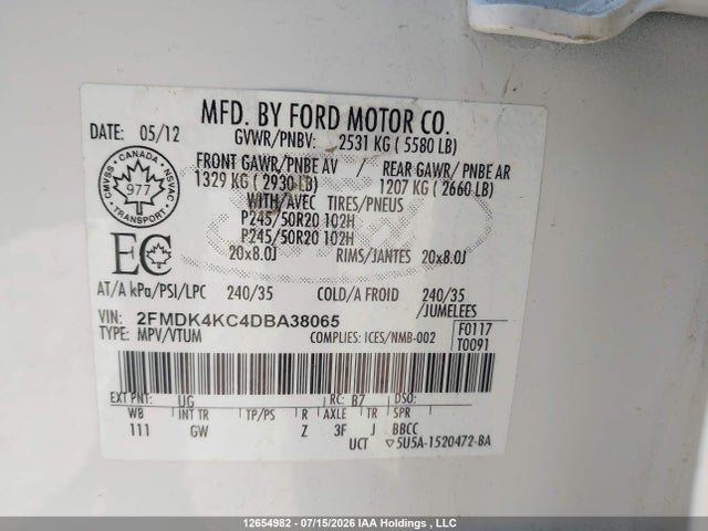 Aukcja sprzedaży 2013 Ford Edge Limited, vin: 2FMDK4KC4DBA38065, numer aukcji: 12654982