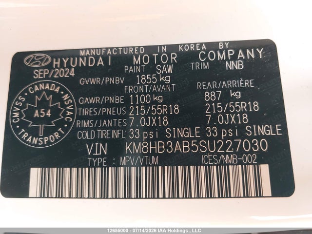 2025 Hyundai Kona Preferred Fwd მანქანა იყიდება აუქციონზე, vin: KM8HB3AB5SU227030, აუქციონის ნომერი: 12655000