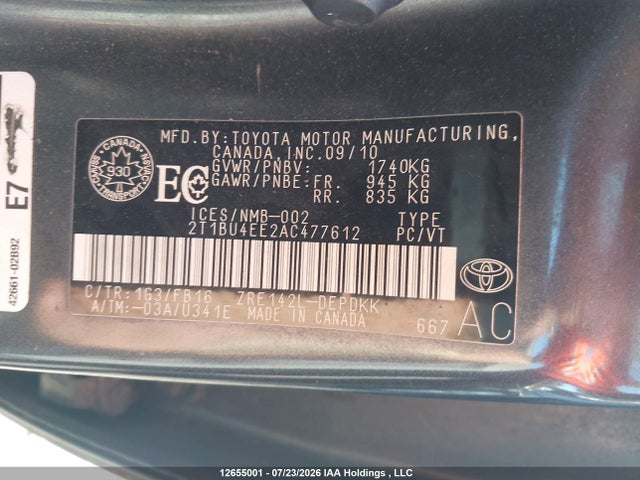 Продаж на аукціоні авто 2010 Toyota Corolla Ce, vin: 2T1BU4EE2AC477612, номер лоту: 12655001
