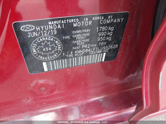 12655005 :رقم المزاد ، KMHD84LF1LU952628 vin ، 2020 Hyundai Elantra Luxury مزاد بيع