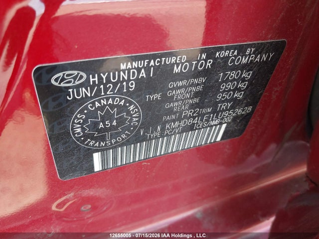12655005 :رقم المزاد ، KMHD84LF1LU952628 vin ، 2020 Hyundai Elantra Luxury مزاد بيع