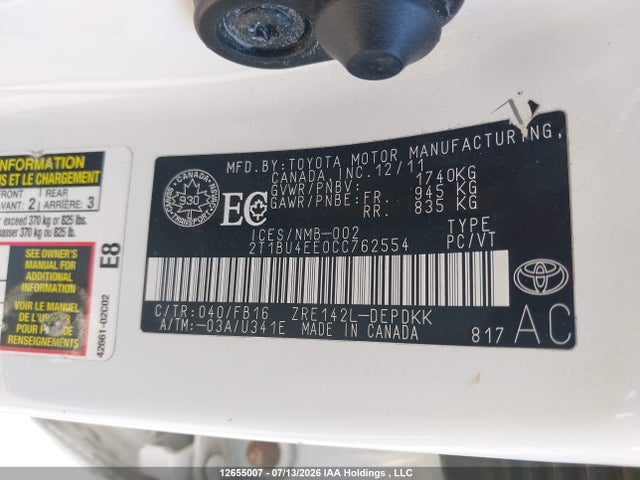 12655007 :رقم المزاد ، 2T1BU4EE0CC762554 vin ، 2012 Toyota Corolla Ce مزاد بيع