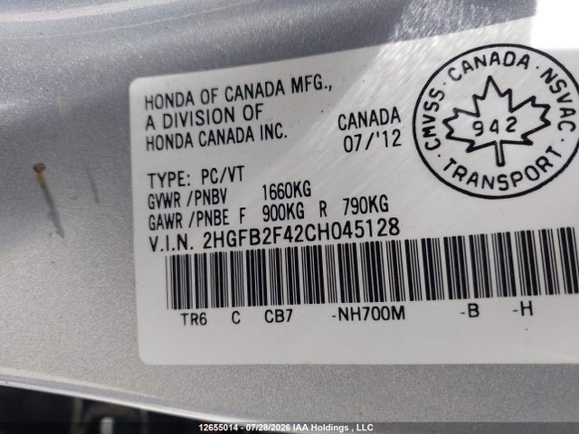 12655014 :رقم المزاد ، 2HGFB2F42CH045128 vin ، 2012 Honda Civic Lx مزاد بيع