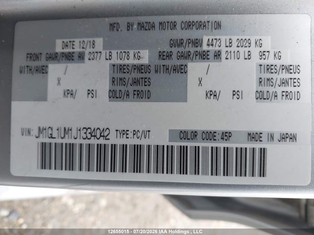 12655015 :رقم المزاد ، JM1GL1UM1J1334042 vin ، 2018 Mazda 6 Sport مزاد بيع