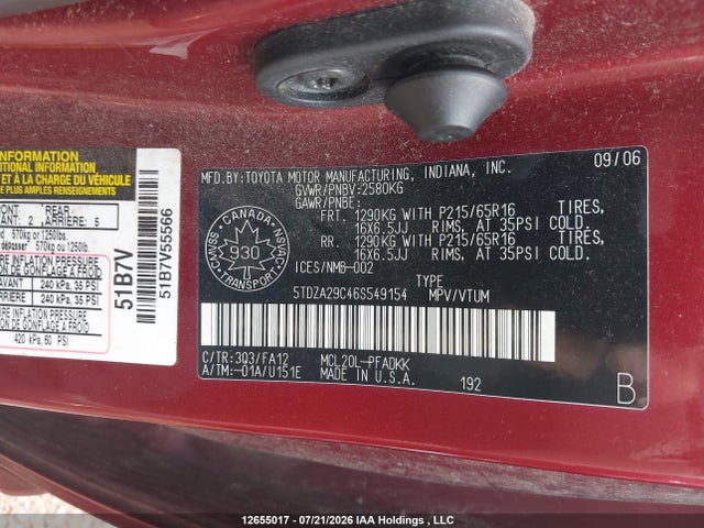Продажа на аукционе авто 2006 Toyota Sienna Ce, vin: 5TDZA29C46S549154, номер лота: 12655017
