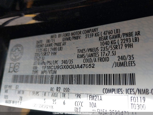 Ford ESCAPE SE 2016 1FMCU9GX0GUA47052 Image 18