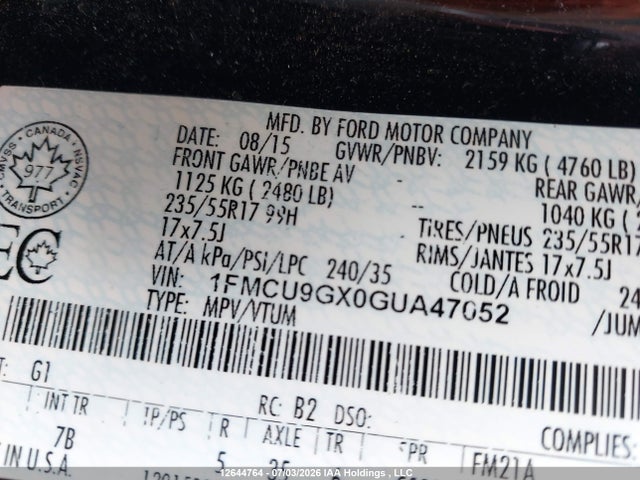 Ford ESCAPE SE 2016 1FMCU9GX0GUA47052 Image 9
