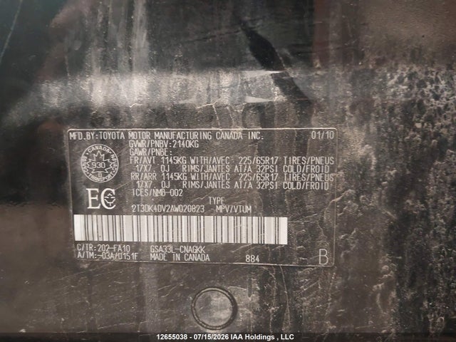 2010 Toyota Rav4 Limited V6 მანქანა იყიდება აუქციონზე, vin: 2T3DK4DV2AW020823, აუქციონის ნომერი: 12655038
