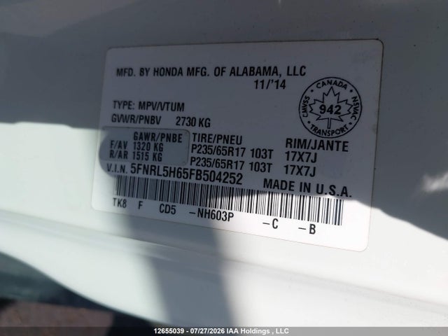 Продаж на аукціоні авто 2015 Honda Odyssey Exl, vin: 5FNRL5H65FB504252, номер лоту: 12655039
