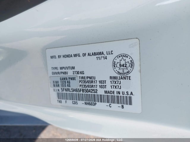 Продаж на аукціоні авто 2015 Honda Odyssey Exl, vin: 5FNRL5H65FB504252, номер лоту: 12655039