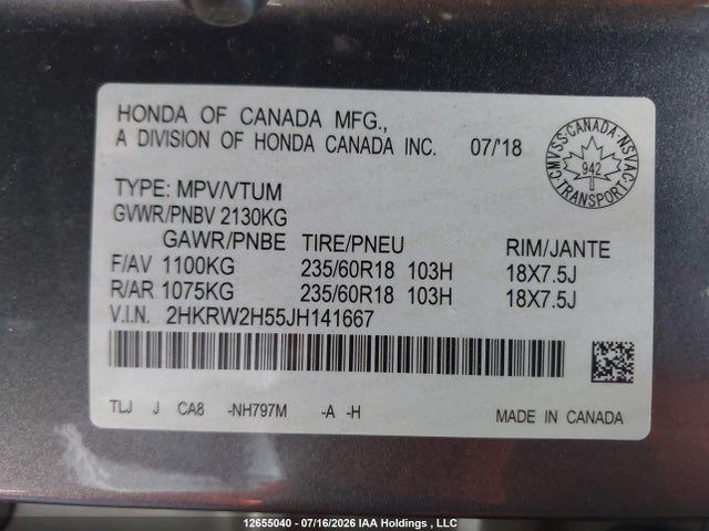 2018 Honda Cr-v Ex მანქანა იყიდება აუქციონზე, vin: 2HKRW2H55JH141667, აუქციონის ნომერი: 12655040