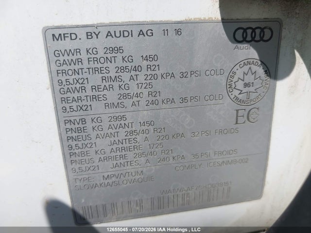 12655045 :رقم المزاد ، WA1WAAF70HD038151 vin ، 2017 Audi Q7 Technik S-line مزاد بيع