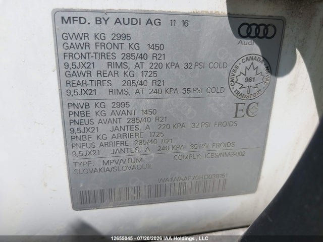 12655045 :رقم المزاد ، WA1WAAF70HD038151 vin ، 2017 Audi Q7 Technik S-line مزاد بيع
