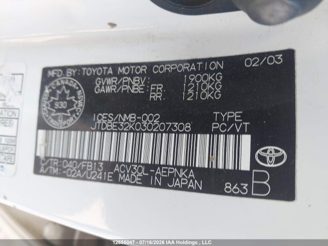 Продаж на аукціоні авто 2003 Toyota Camry Le/se/xle, vin: JTDBE32K030207308, номер лоту: 12655047