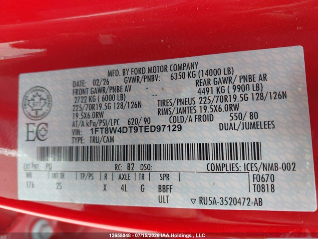 2026 Ford F450 Super Duty მანქანა იყიდება აუქციონზე, vin: 1FT8W4DT9TED97129, აუქციონის ნომერი: 12655048