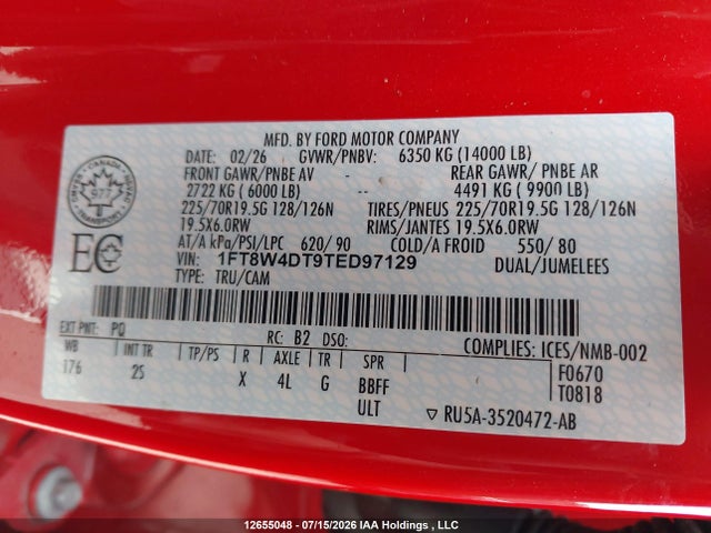 2026 Ford F450 Super Duty მანქანა იყიდება აუქციონზე, vin: 1FT8W4DT9TED97129, აუქციონის ნომერი: 12655048