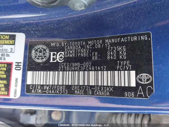 Продаж на аукціоні авто 2015 Toyota Corolla L/le/le Pls/prm/s/s Pls, vin: 2T1BURHE3FC481412, номер лоту: 12655049