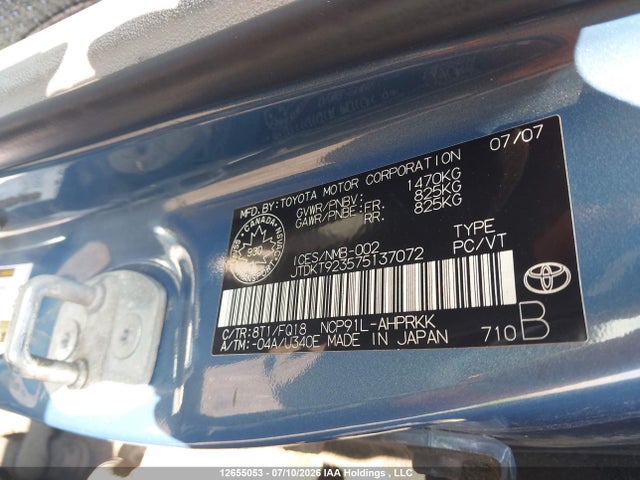 Продаж на аукціоні авто 2007 Toyota Yaris, vin: JTDKT923575137072, номер лоту: 12655053