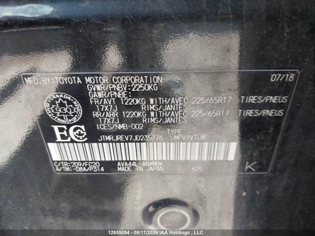 12655054 :رقم المزاد ، JTMRJREV7JD235776 vin ، 2018 Toyota Rav4 Hv Le Plus/xle مزاد بيع