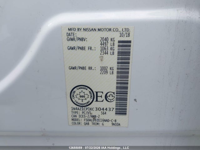 Продажа на аукционе авто 2019 Nissan Leaf S/sl/sv, vin: 1N4AZ1CP1KC304437, номер лота: 12655059