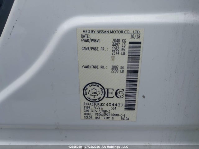 Продажа на аукционе авто 2019 Nissan Leaf S/sl/sv, vin: 1N4AZ1CP1KC304437, номер лота: 12655059