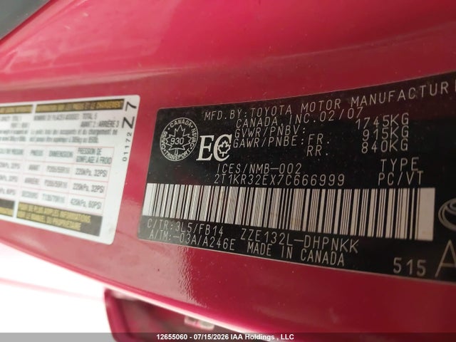 Продаж на аукціоні авто 2007 Toyota Matrix, vin: 2T1KR32EX7C666999, номер лоту: 12655060
