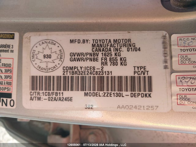 Продаж на аукціоні авто 2004 Toyota Corolla Ce/le/s, vin: 2T1BR32E24C823131, номер лоту: 12655061