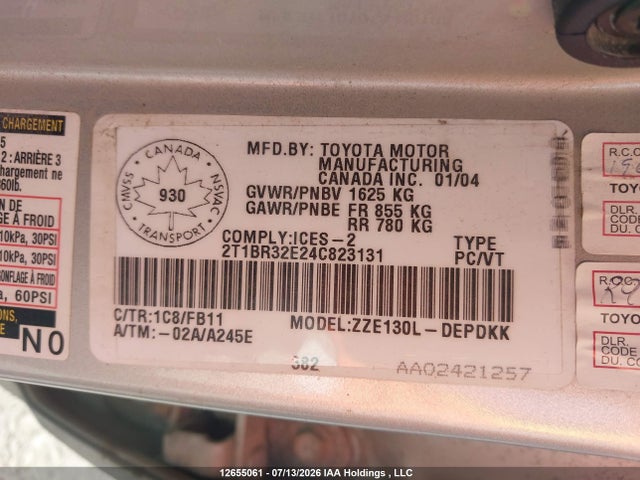 Продаж на аукціоні авто 2004 Toyota Corolla Ce/le/s, vin: 2T1BR32E24C823131, номер лоту: 12655061