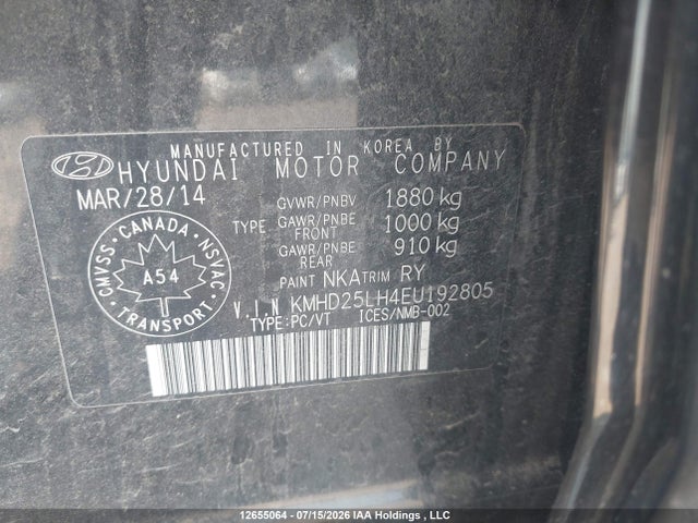 12655064 :رقم المزاد ، KMHD25LH4EU192805 vin ، 2014 Hyundai Elantra Gt Gl مزاد بيع
